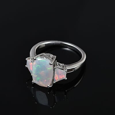 Premium Ethiopian Welo Opal and Natural Champagne Diamond 3 Stone Ring in Platinum Over Sterling Silver (Size 10.0) 3.00 ctw