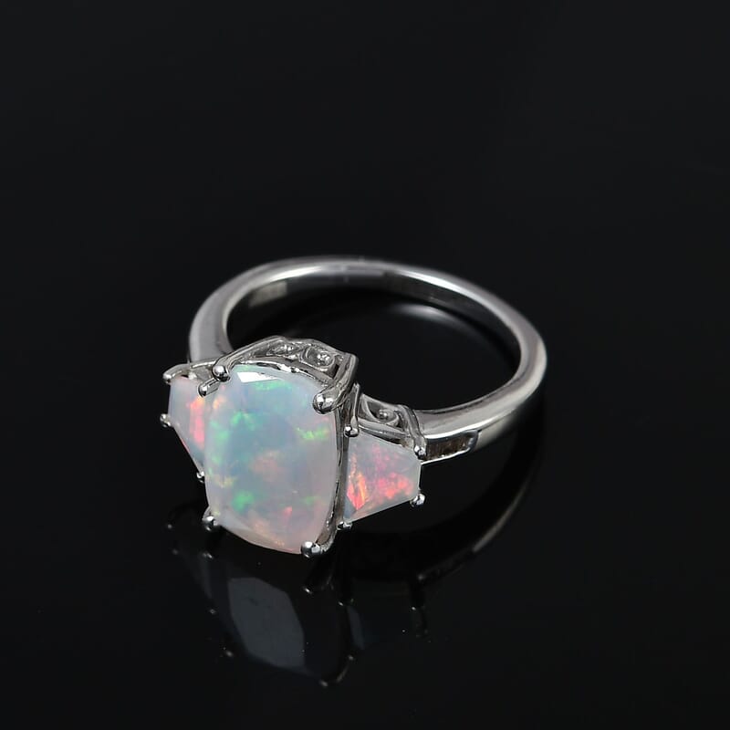 Premium Ethiopian Welo Opal and Natural Champagne Diamond 3 Stone Ring in Platinum Over Sterling Silver (Size 10.0) 3.00 ctw