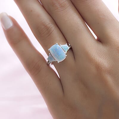Premium Ethiopian Welo Opal and Natural Champagne Diamond 3 Stone Ring in Platinum Over Sterling Silver (Size 10.0) 3.00 ctw
