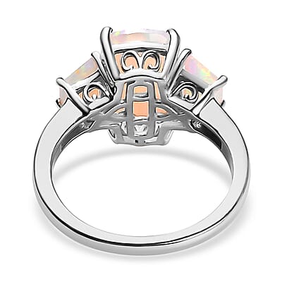 Premium Ethiopian Welo Opal and Natural Champagne Diamond 3 Stone Ring in Platinum Over Sterling Silver (Size 10.0) 3.00 ctw
