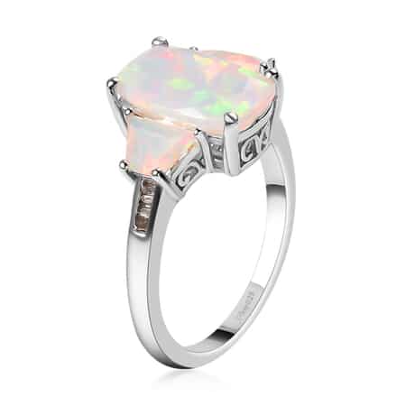 Premium Ethiopian Welo Opal and Natural Champagne Diamond 3 Stone Ring in Platinum Over Sterling Silver (Size 11.0) 3.00 ctw image number 3