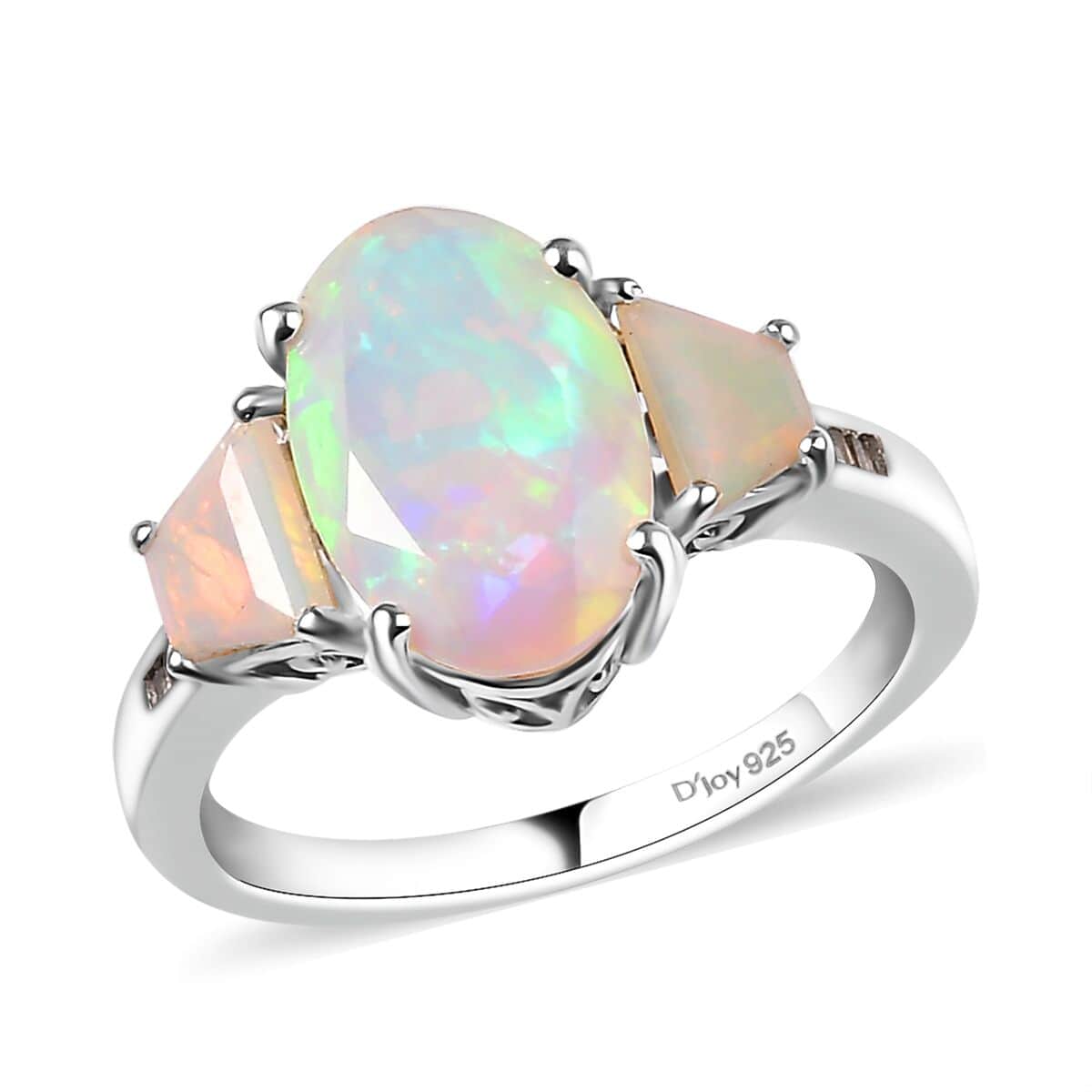 Premium Ethiopian Welo Opal and Natural Champagne Diamond 3 Stone Ring in Platinum Over Sterling Silver (Size 10.0) 2.65 ctw image number 0
