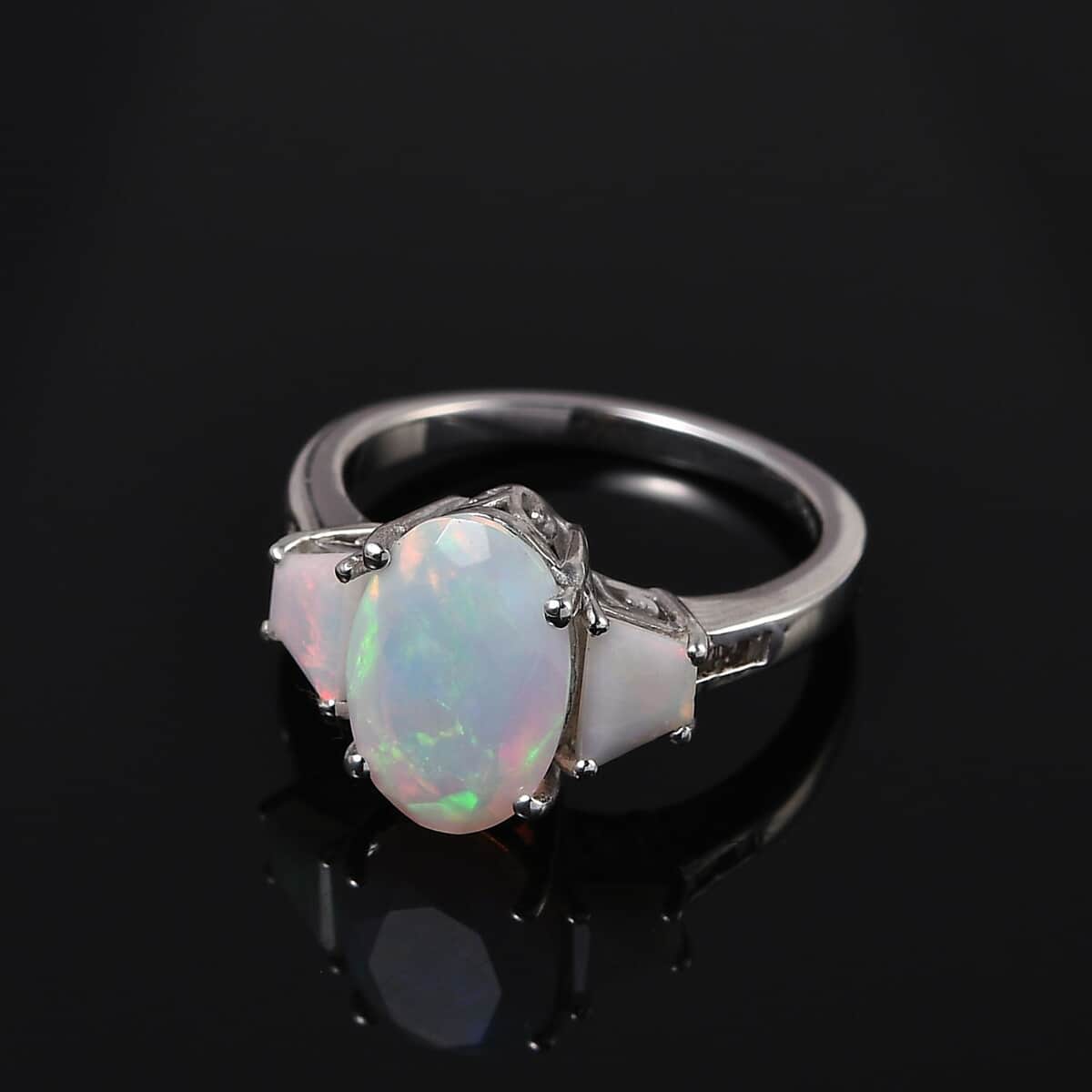Premium Ethiopian Welo Opal and Natural Champagne Diamond 3 Stone Ring in Platinum Over Sterling Silver (Size 10.0) 2.65 ctw image number 1