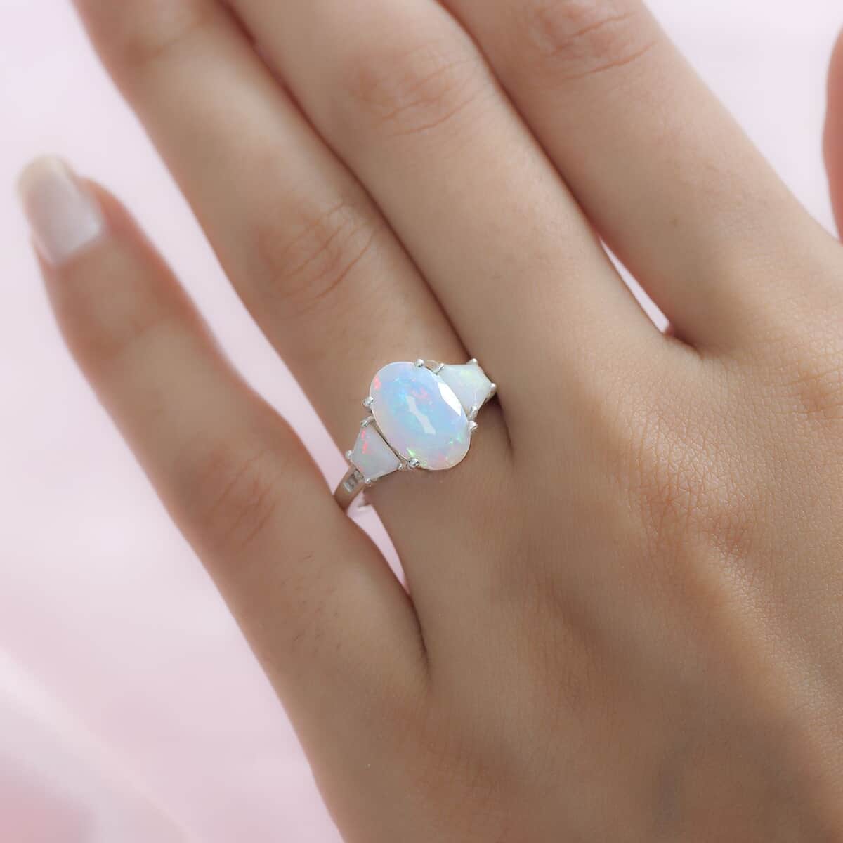 Premium Ethiopian Welo Opal and Natural Champagne Diamond 3 Stone Ring in Platinum Over Sterling Silver (Size 10.0) 2.65 ctw image number 2