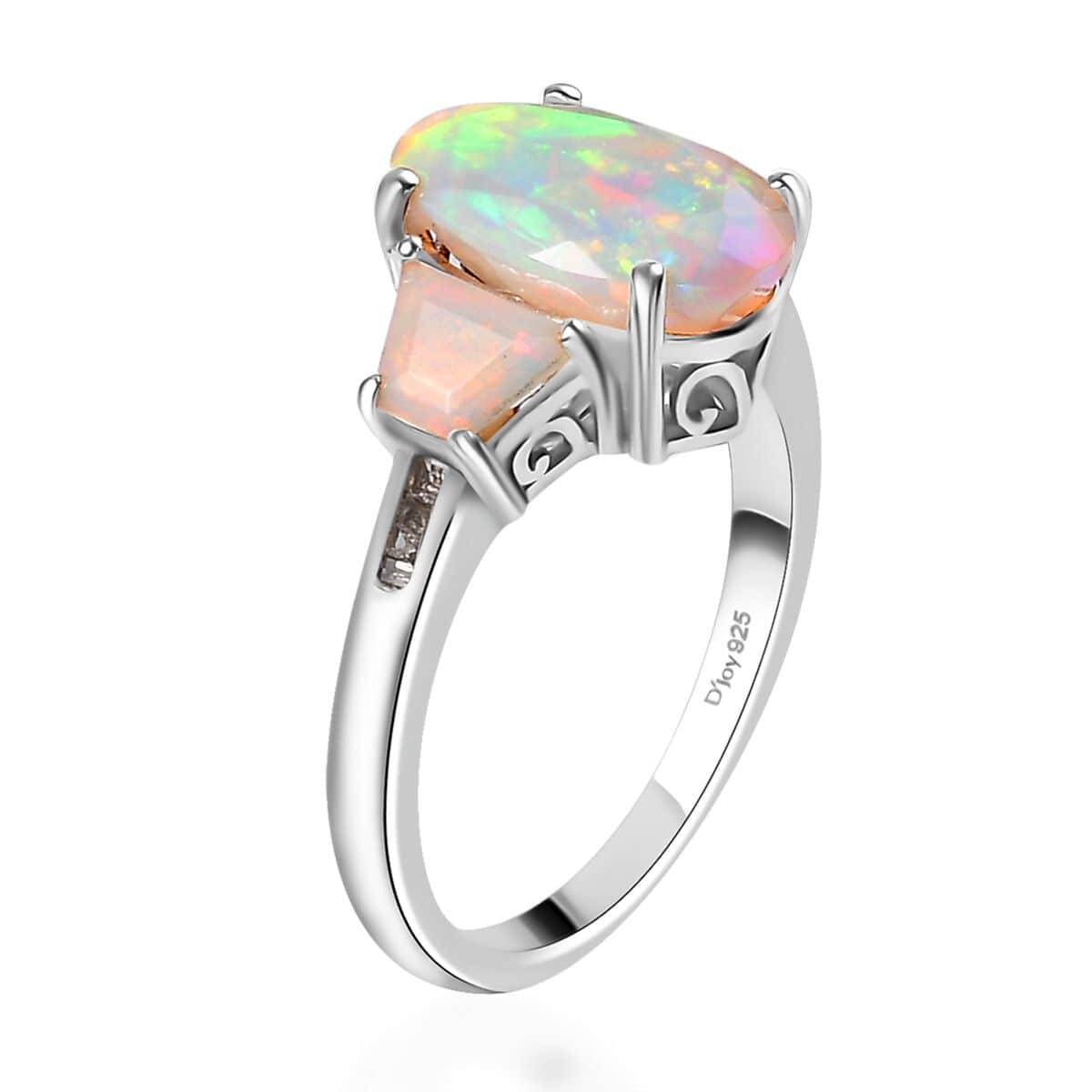 Premium Ethiopian Welo Opal and Natural Champagne Diamond 3 Stone Ring in Platinum Over Sterling Silver (Size 10.0) 2.65 ctw image number 3