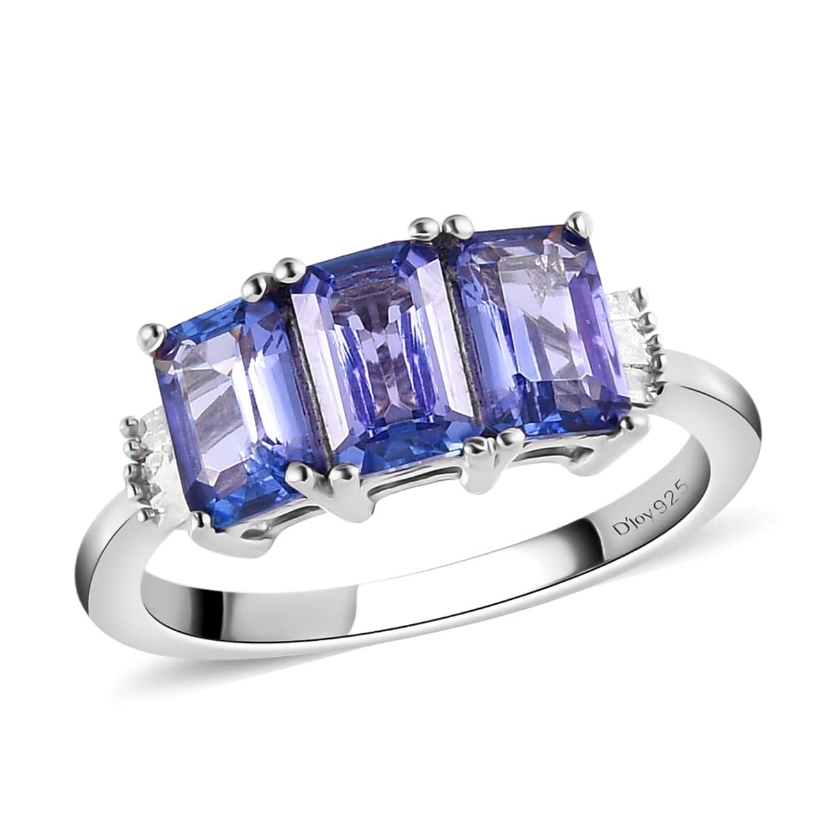 Tanzanite and Diamond Trilogy Ring in Platinum Over Sterling Silver (Size 10.0) 1.65 ctw image number 0