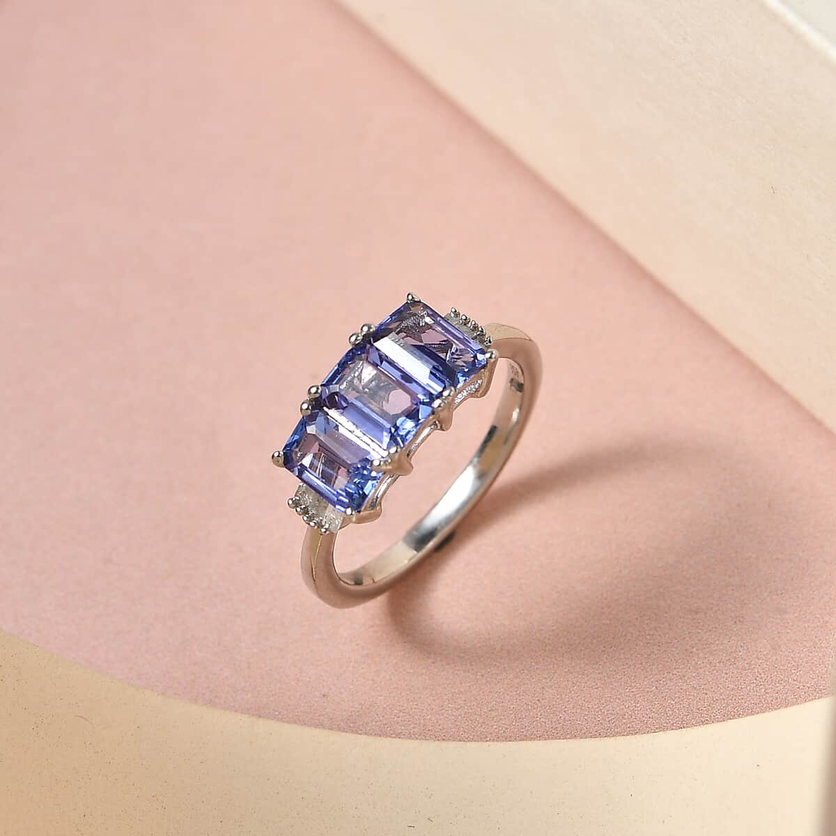 Tanzanite, Diamond Trilogy Ring in Platinum Over Sterling Silver (Size 10.0) 1.65 ctw image number 1