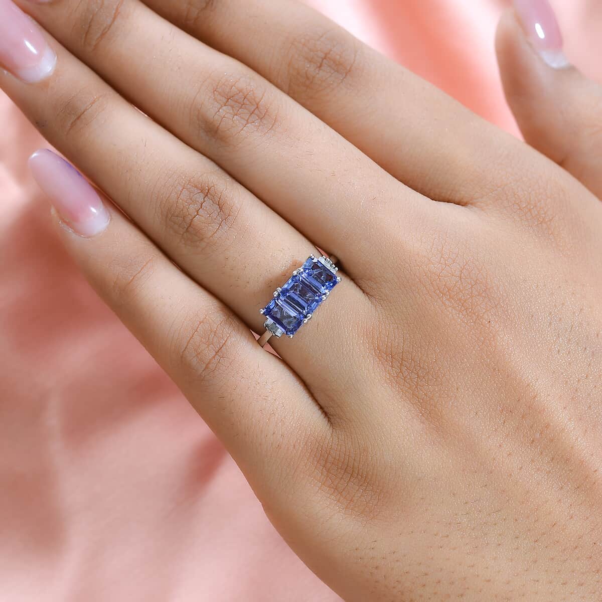 Tanzanite, Diamond Trilogy Ring in Platinum Over Sterling Silver (Size 10.0) 1.65 ctw image number 2