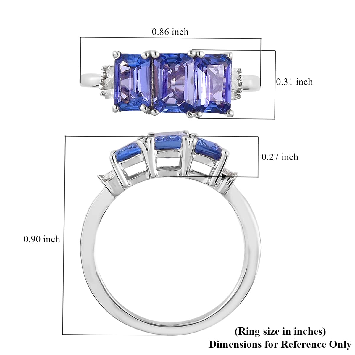 Tanzanite, Diamond Trilogy Ring in Platinum Over Sterling Silver (Size 10.0) 1.65 ctw image number 5