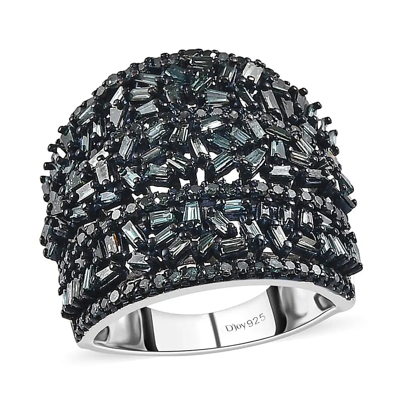 Blue Diamond 2.00 ctw Cluster Ring, Rhodium And Platinum Over Sterling Silver Ring, Fancy Diamond Jewelry, Wide Diamond Wedding Bands (Size 10.00)