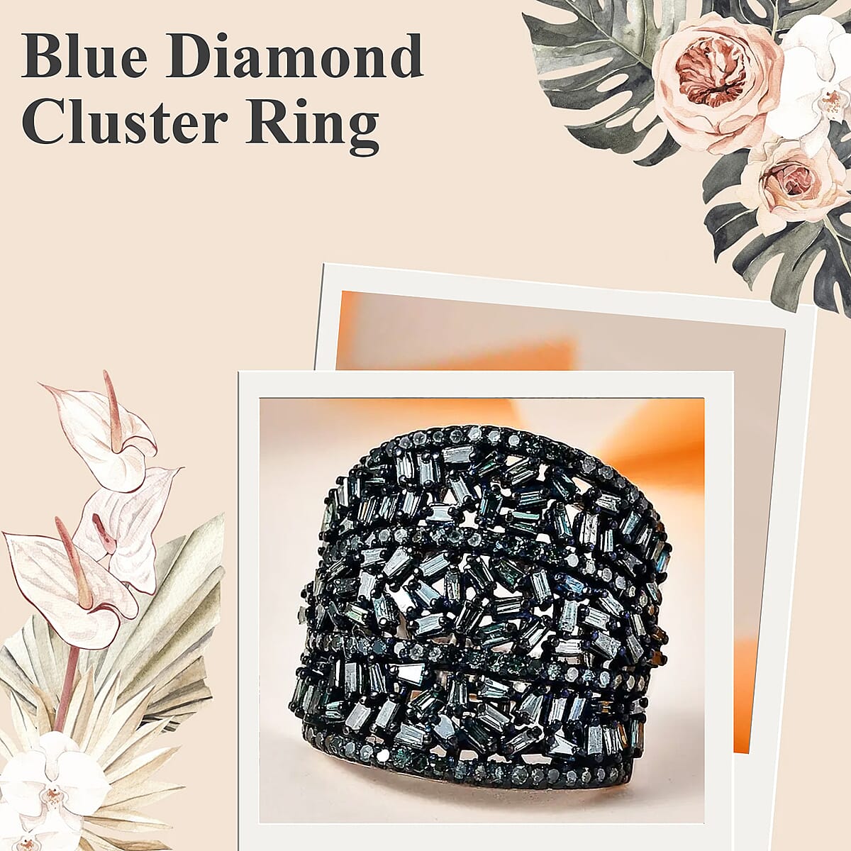 Blue Diamond Cluster Ring, Rhodium And Platinum Over Sterling Silver Ring, Fancy Diamond Jewelry, Wide Diamond Wedding Bands 2.00 ctw image number 1