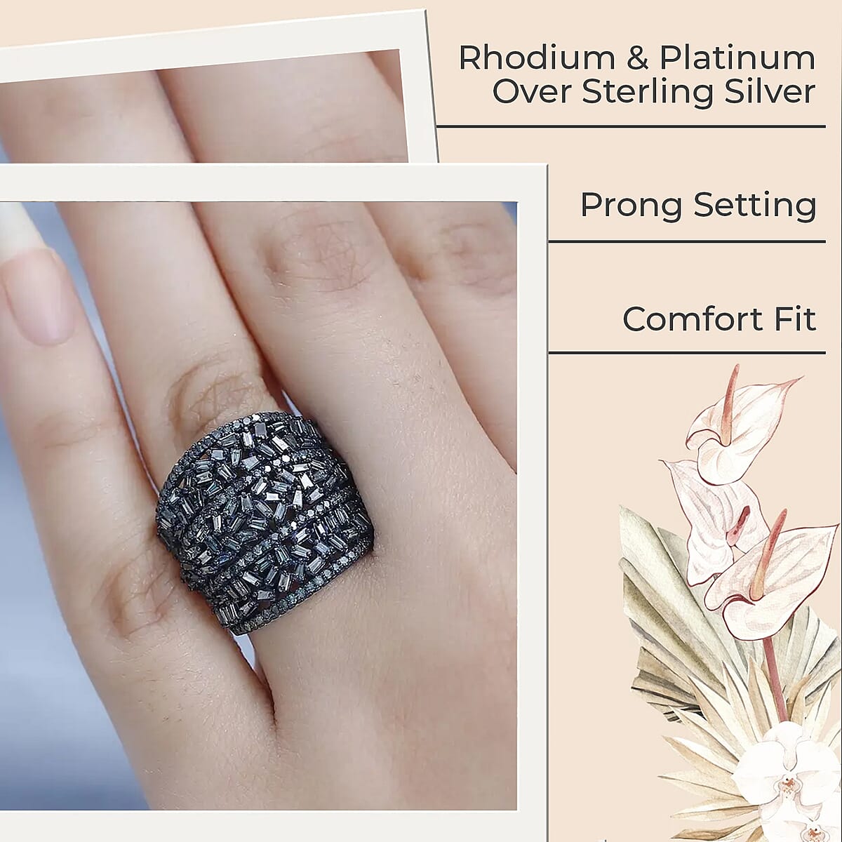 Blue Diamond Cluster Ring, Rhodium And Platinum Over Sterling Silver Ring, Fancy Diamond Jewelry, Wide Diamond Wedding Bands 2.00 ctw image number 2