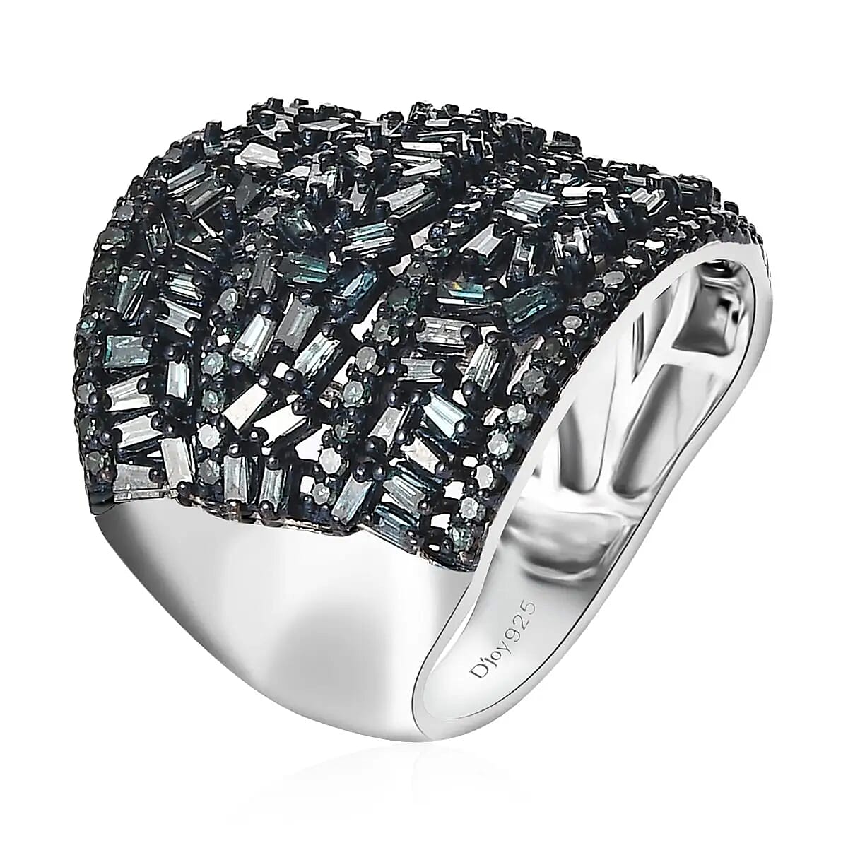 Blue Diamond Cluster Ring, Rhodium And Platinum Over Sterling Silver Ring, Fancy Diamond Jewelry, Wide Diamond Wedding Bands 2.00 ctw image number 4