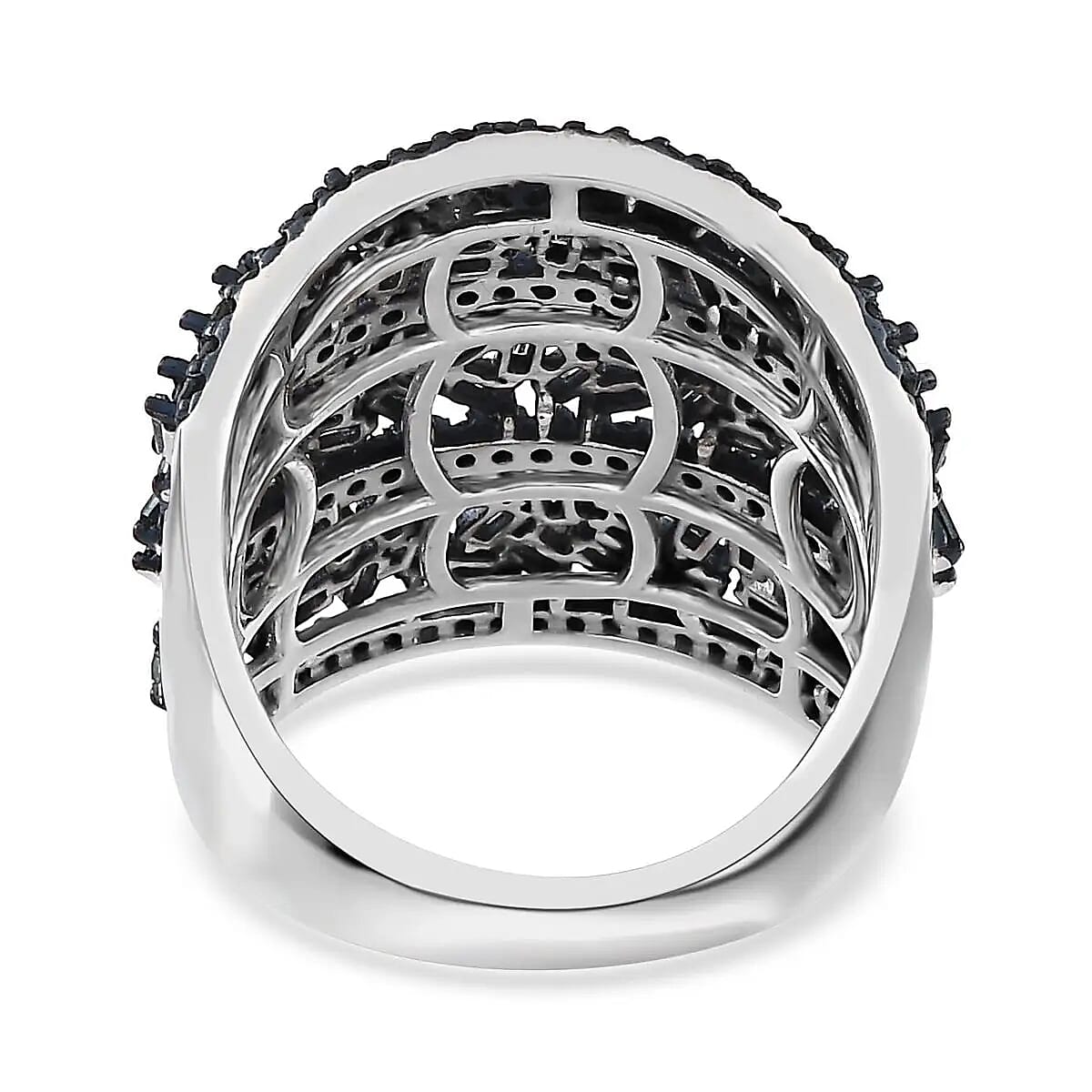 Blue Diamond Cluster Ring, Rhodium And Platinum Over Sterling Silver Ring, Fancy Diamond Jewelry, Wide Diamond Wedding Bands 2.00 ctw image number 5