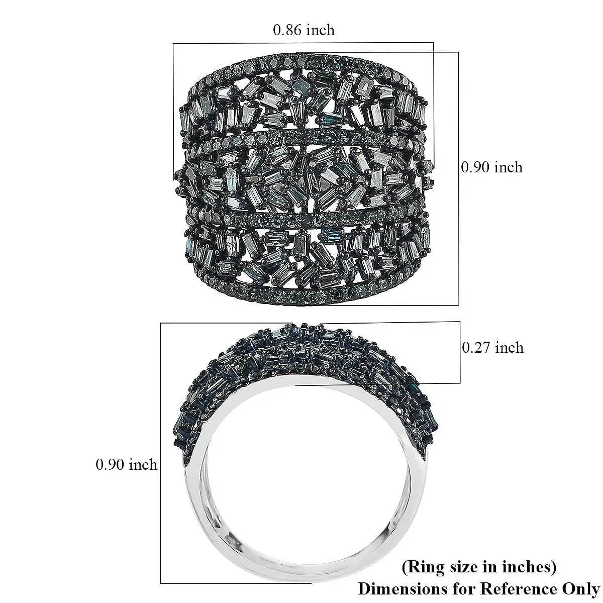 Blue Diamond Cluster Ring, Rhodium And Platinum Over Sterling Silver Ring, Fancy Diamond Jewelry, Wide Diamond Wedding Bands 2.00 ctw image number 6