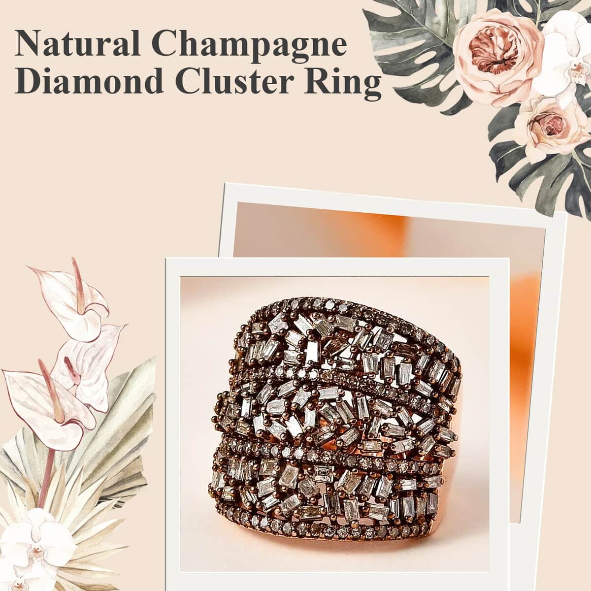 Natural Champagne Diamond 2.00 ctw Cluster Ring, Rhodium And Vermeil Rose Gold Over Sterling Silver Ring, Fancy Diamond Jewelry, Wide Diamond Wedding Bands (Size 10.00) image number 1