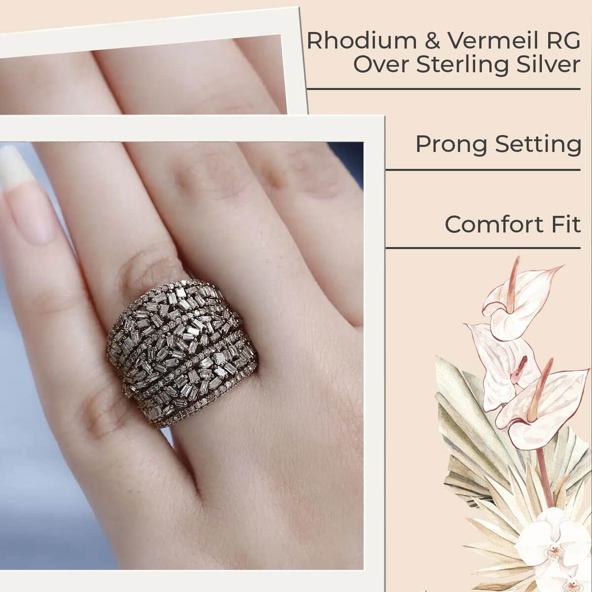 Natural Champagne Diamond 2.00 ctw Cluster Ring, Rhodium And Vermeil Rose Gold Over Sterling Silver Ring, Fancy Diamond Jewelry, Wide Diamond Wedding Bands (Size 10.00) image number 2