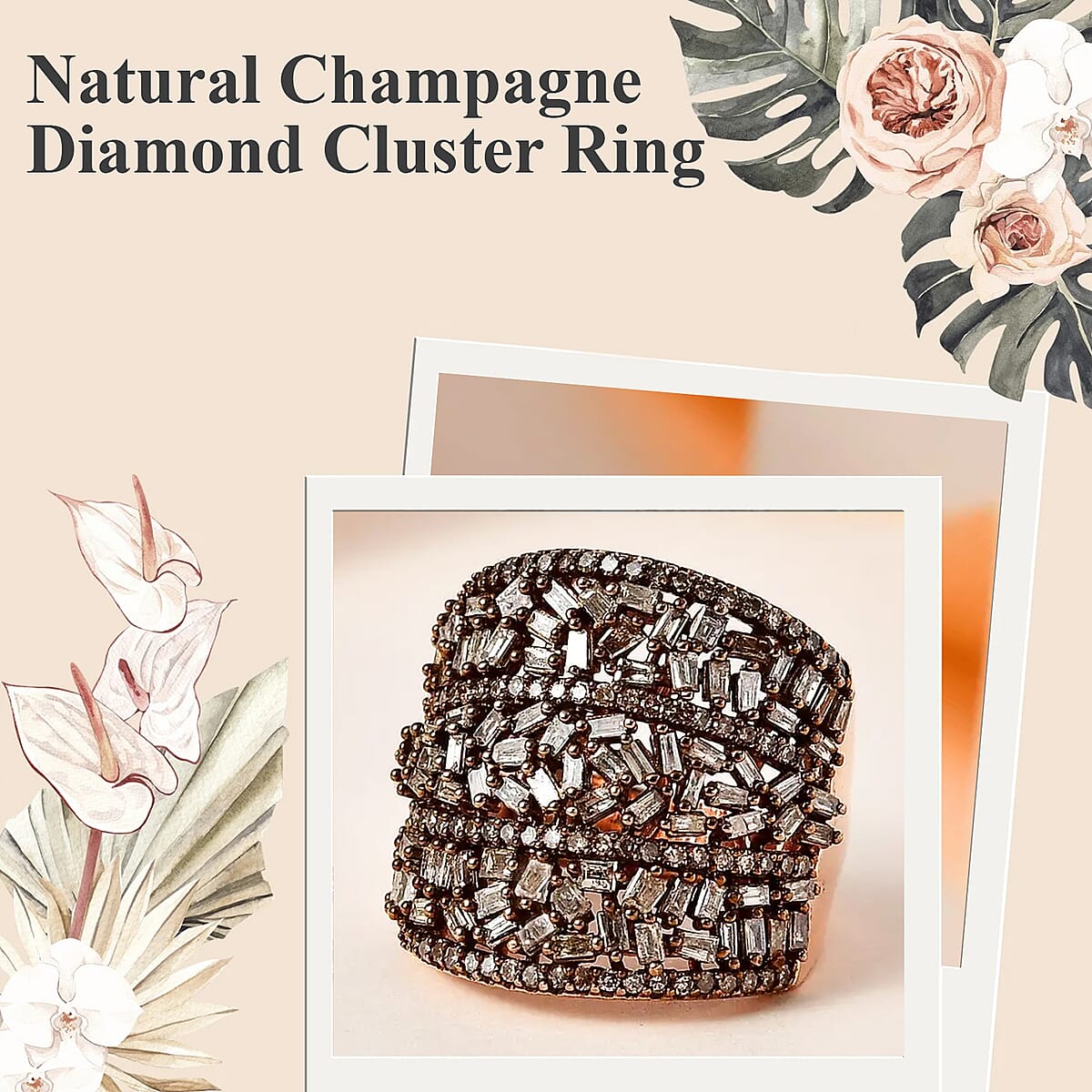 Natural Champagne Diamond 2.00 ctw Cluster Ring, Rhodium And Vermeil Rose Gold Over Sterling Silver Ring, Fancy Diamond Jewelry, Wide Diamond Wedding Bands (Size 9.00) image number 1