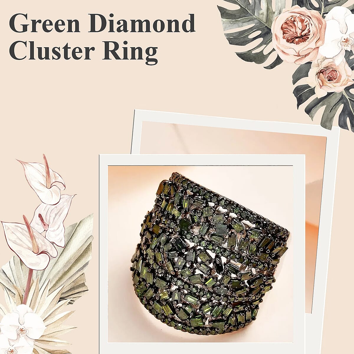 Green Diamond 2.00 ctw Cluster Ring, Rhodium And Platinum Over Sterling Silver Ring, Fancy Diamond Jewelry, Wide Diamond Wedding Bands (Size 6.00) image number 1