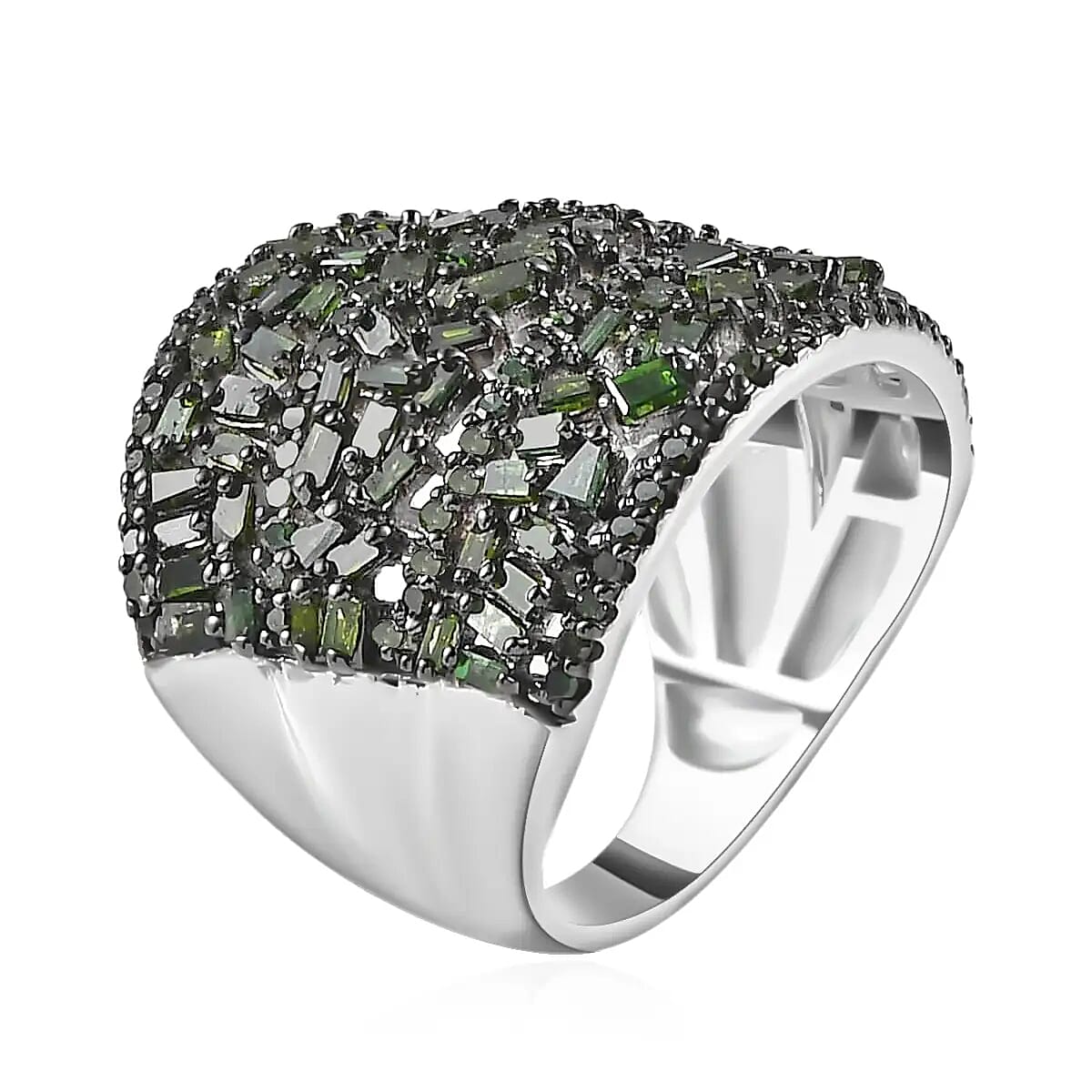 Green Diamond 2.00 ctw Cluster Ring, Rhodium And Platinum Over Sterling Silver Ring, Fancy Diamond Jewelry, Wide Diamond Wedding Bands (Size 6.00) image number 4