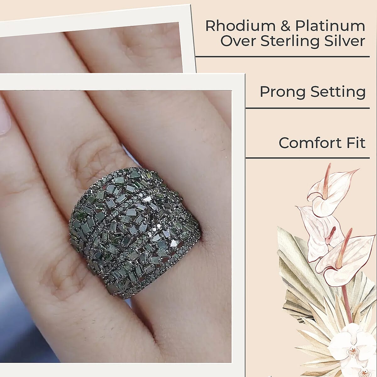 Green Diamond Cluster Ring, Rhodium And Platinum Over Sterling Silver Ring, Fancy Diamond Jewelry, Wide Diamond Wedding Bands 2.00 ctw image number 2