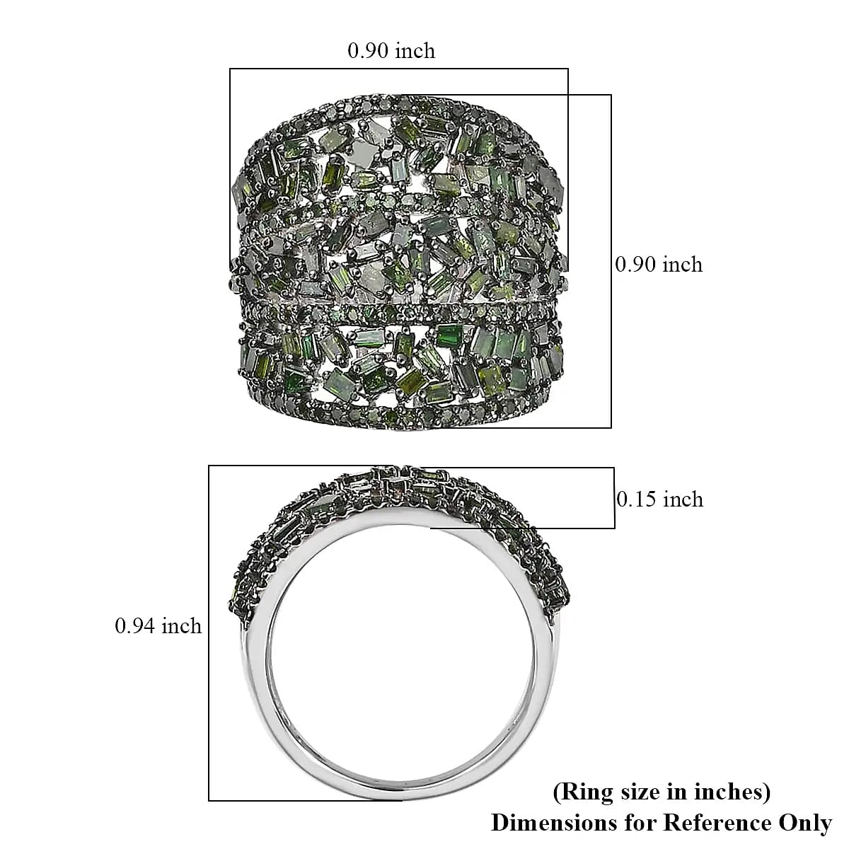 Green Diamond Cluster Ring, Rhodium And Platinum Over Sterling Silver Ring, Fancy Diamond Jewelry, Wide Diamond Wedding Bands 2.00 ctw image number 6