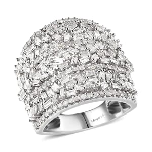 Diamond Cluster Ring, Platinum Over Sterling Silver Ring, Diamond Jewelry, Wide Diamond Wedding Bands 2.00 ctw