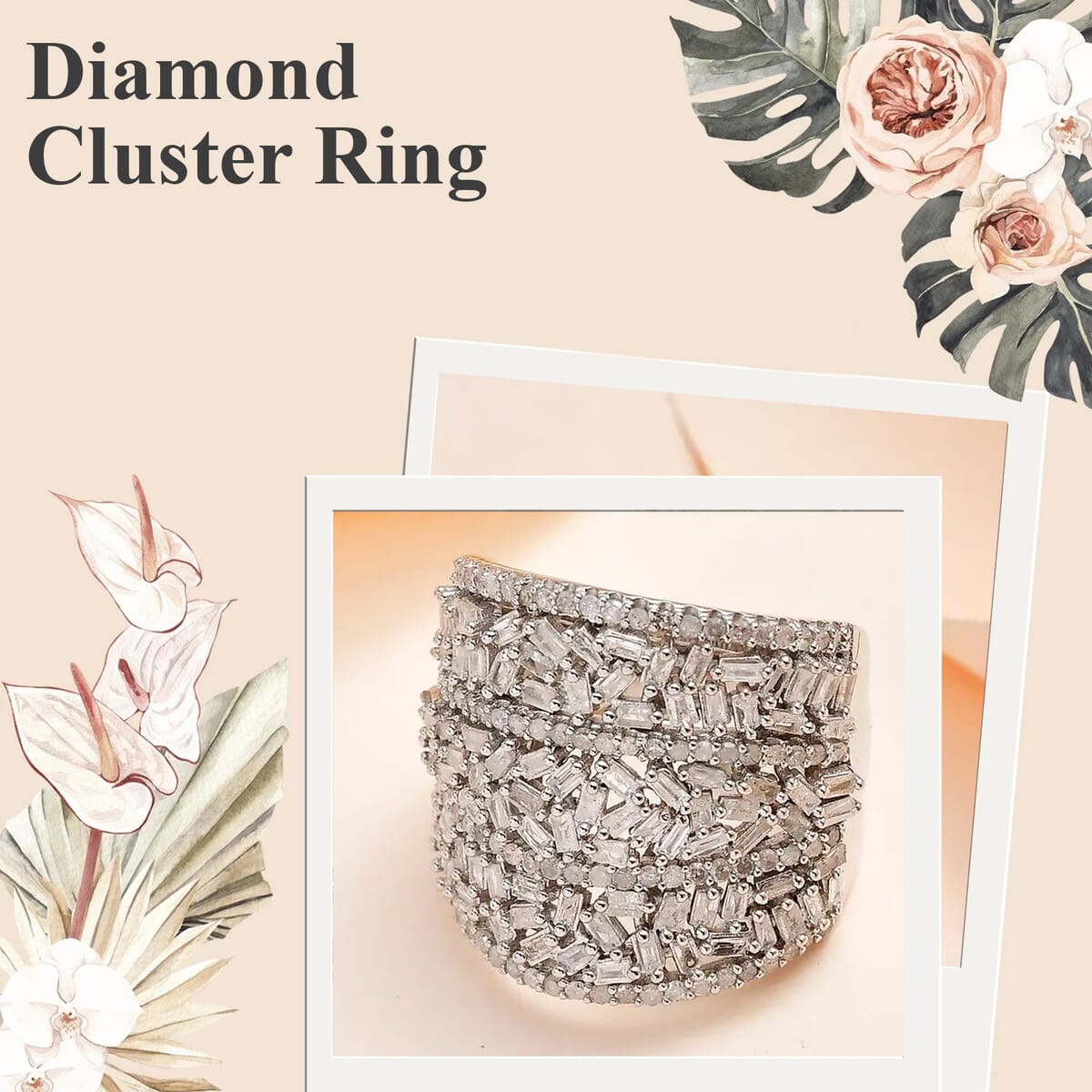 Diamond Cluster Ring, Platinum Over Sterling Silver Ring, Diamond Jewelry, Wide Diamond Wedding Bands 2.00 ctw image number 1