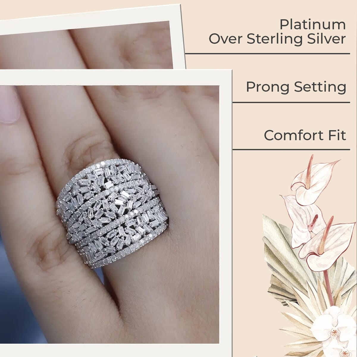 Diamond Cluster Ring, Platinum Over Sterling Silver Ring, Diamond Jewelry, Wide Diamond Wedding Bands 2.00 ctw image number 2