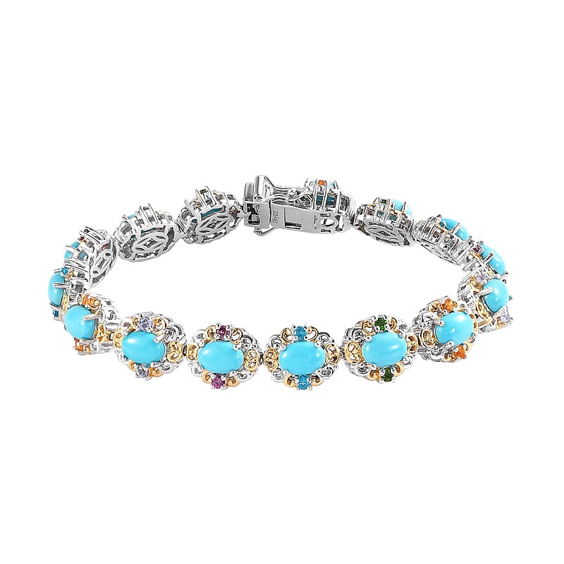 Premium Sleeping Beauty Turquoise and Multi Gemstone Bracelet in Vermeil YG and Platinum Over Sterling Silver (7.25 In) 21 Grams 11.75 ctw