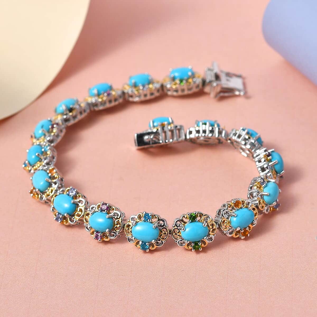 Premium American Natural Sleeping Beauty Turquoise, Multi Gemstone Bracelet in Vermeil YG and Platinum Over Sterling Silver (7.25 In) (21 g) 11.75 Carat Total Weight image number 1