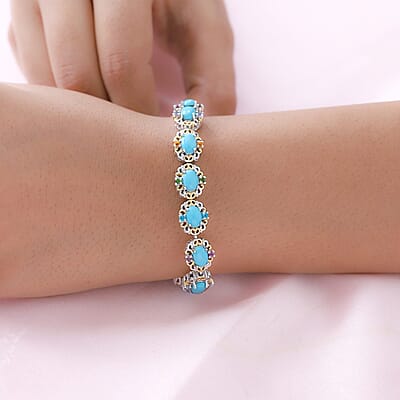 Premium Sleeping Beauty Turquoise and Multi Gemstone Bracelet in Vermeil YG and Platinum Over Sterling Silver (7.25 In) 21 Grams 11.75 ctw