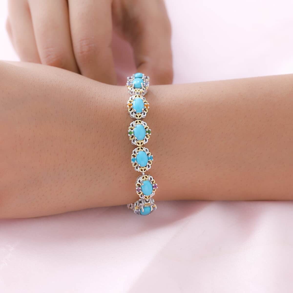 Premium American Natural Sleeping Beauty Turquoise, Multi Gemstone Bracelet in Vermeil YG and Platinum Over Sterling Silver (7.25 In) (21 g) 11.75 Carat Total Weight image number 2
