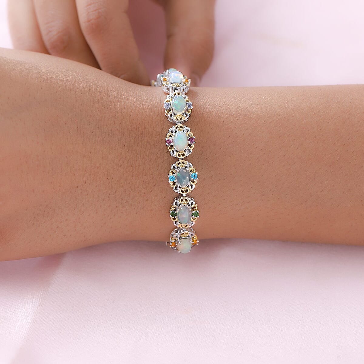 Premium Ethiopian Welo Opal and Multi Gemstone Cluster Bracelet in Vermeil YG and Platinum Over Sterling Silver (7.25 In) 9.00 ctw image number 2