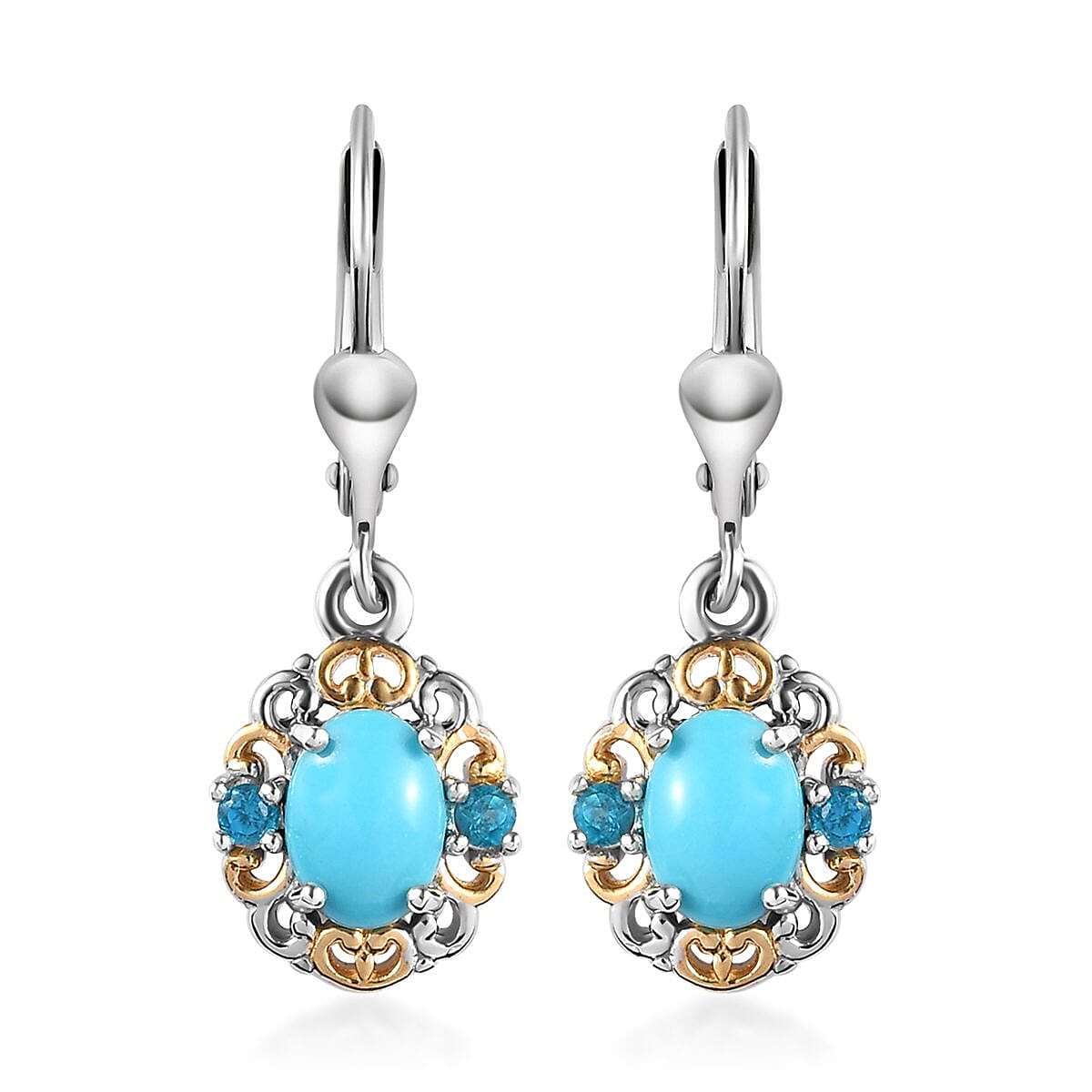 Sleeping Beauty Turquoise and Malgache Neon Apatite Lever Back Earrings in Vermeil YG and Platinum Over Sterling Silver 1.50 ctw