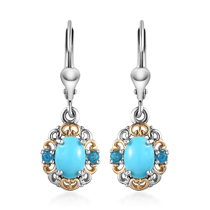 Sleeping Beauty Turquoise and Malgache Neon Apatite Lever Back Earrings in Vermeil YG and Platinum Over Sterling Silver 1.50 ctw