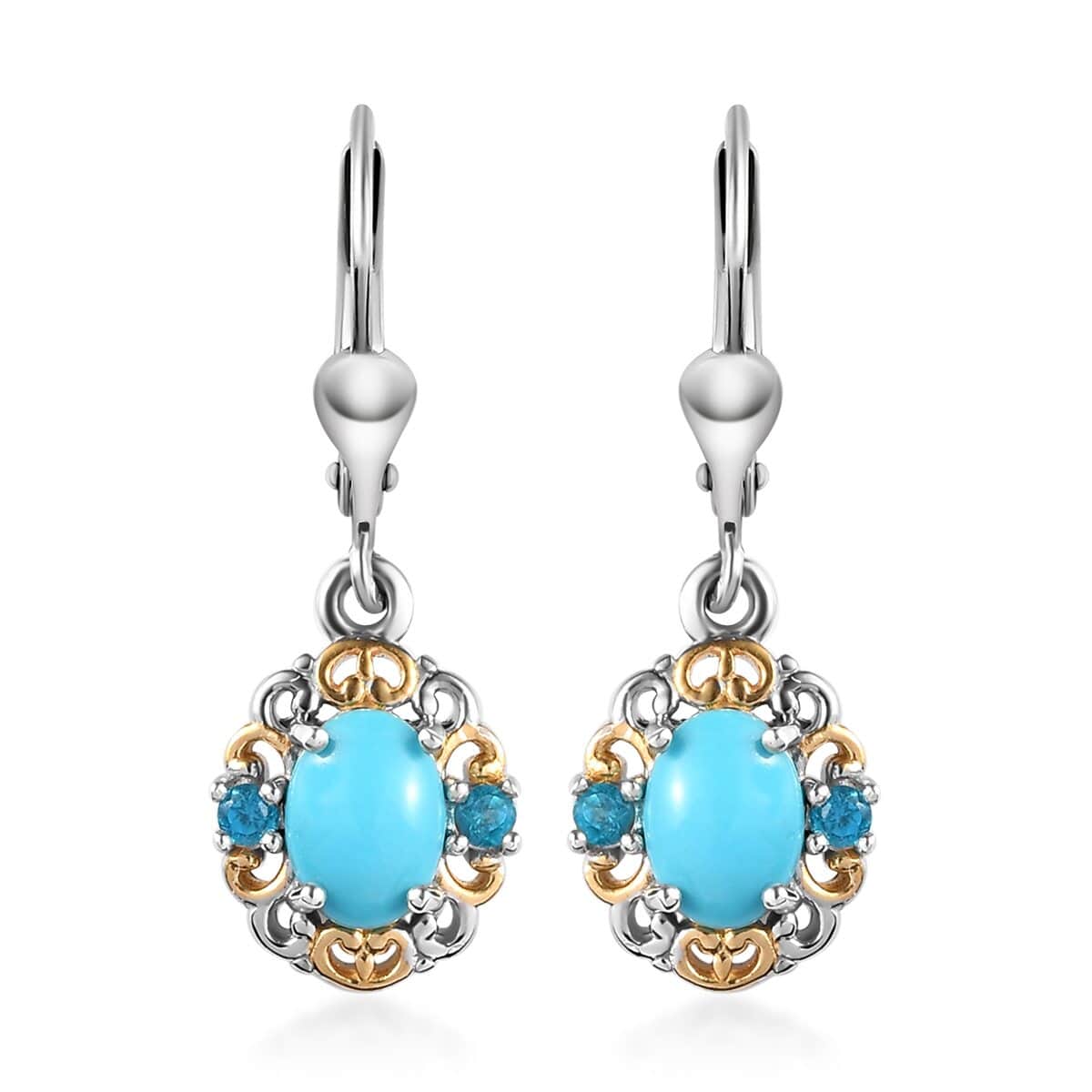 American Natural Sleeping Beauty Turquoise and Malgache Neon Apatite Lever Back Earring in Vermeil YG and Platinum Over Sterling Silver 1.50 ctw image number 0