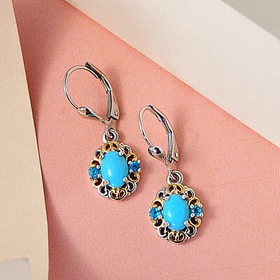 Sleeping Beauty Turquoise and Malgache Neon Apatite Lever Back Earrings in Vermeil YG and Platinum Over Sterling Silver 1.50 ctw