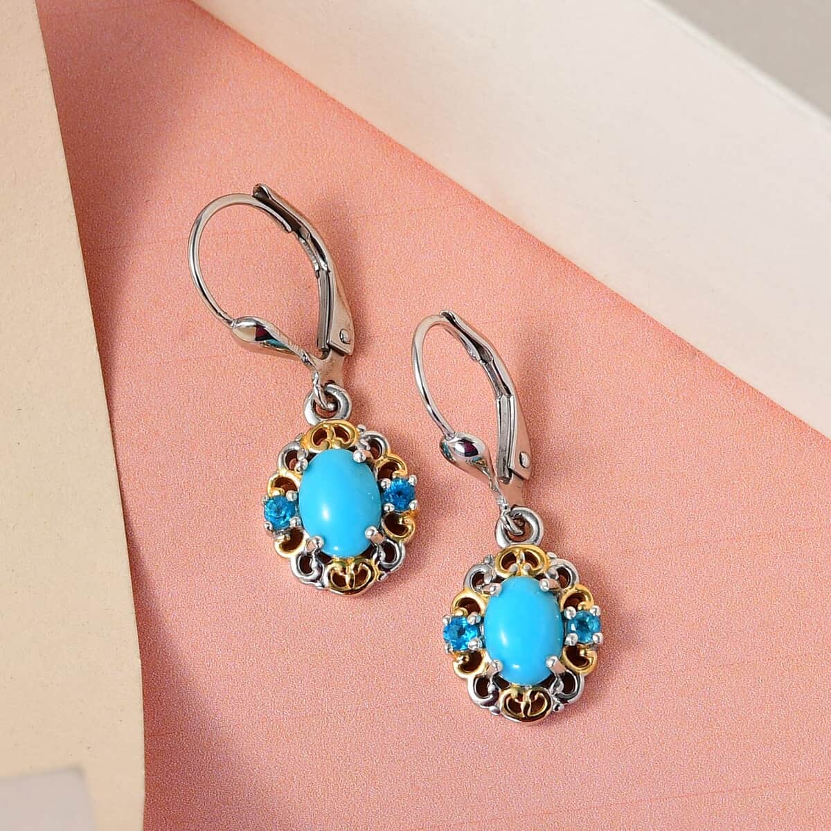 American Natural Sleeping Beauty Turquoise and Malgache Neon Apatite Lever Back Earring in Vermeil YG and Platinum Over Sterling Silver 1.50 ctw image number 1