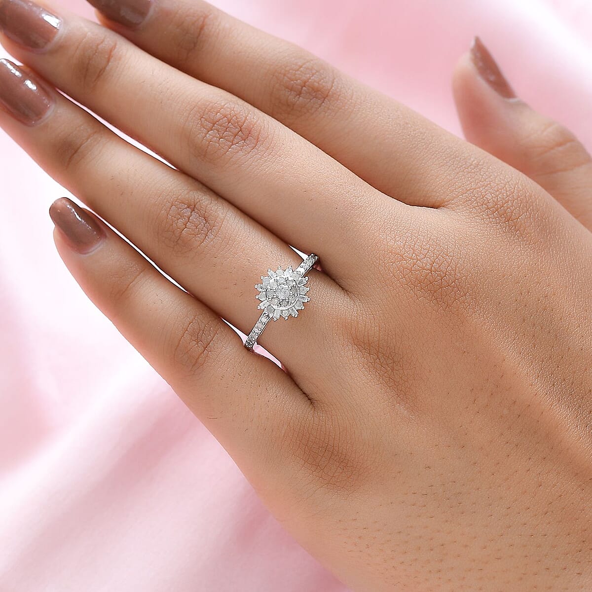 Diamond Floral Starburst Snowflake Ring in Platinum Over Sterling Silver (Size 8.0) 0.50 ctw image number 2