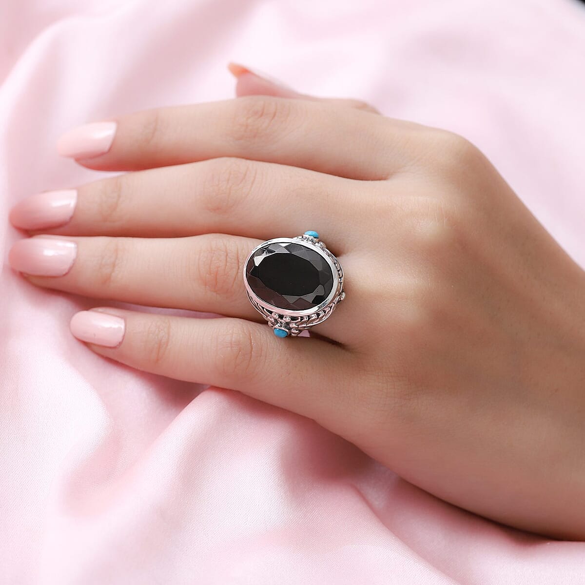 Artisan Crafted Elite Shungite and Sleeping Beauty Turquoise Ring in Sterling Silver (Size 8.0) 9.50 ctw image number 2