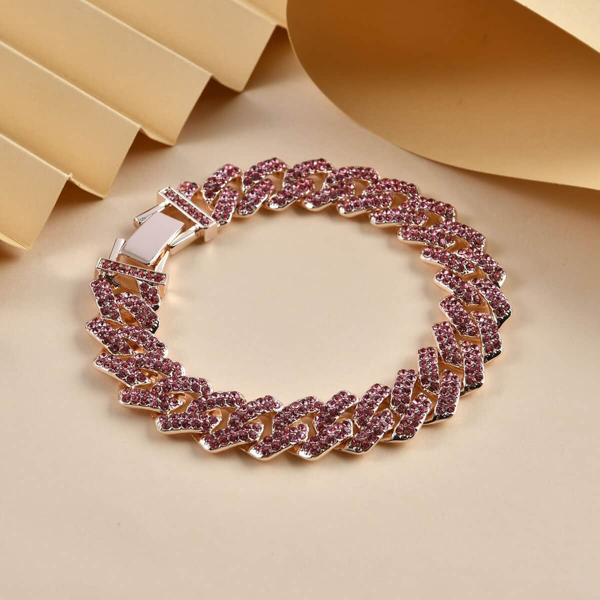 Pink Austrian Crystal Curb Link Bracelet in Rosetone (7.50 In) image number 1