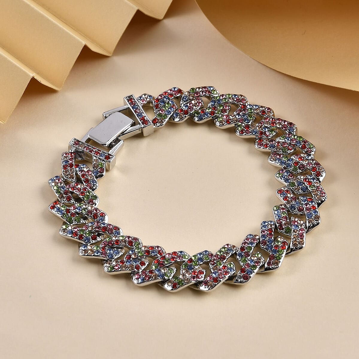 Multi Color Austrian Crystal Curb Link Bracelet in Silvertone (7.50 In) image number 1