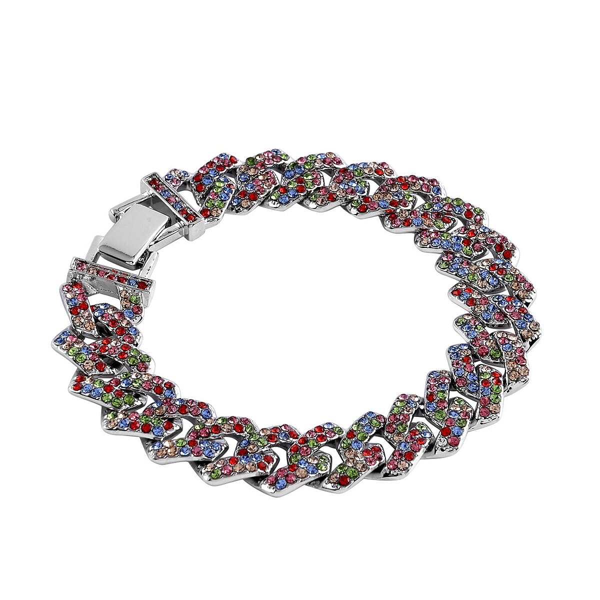 Multi Color Austrian Crystal Curb Link Bracelet in Silvertone (7.50 In) image number 2