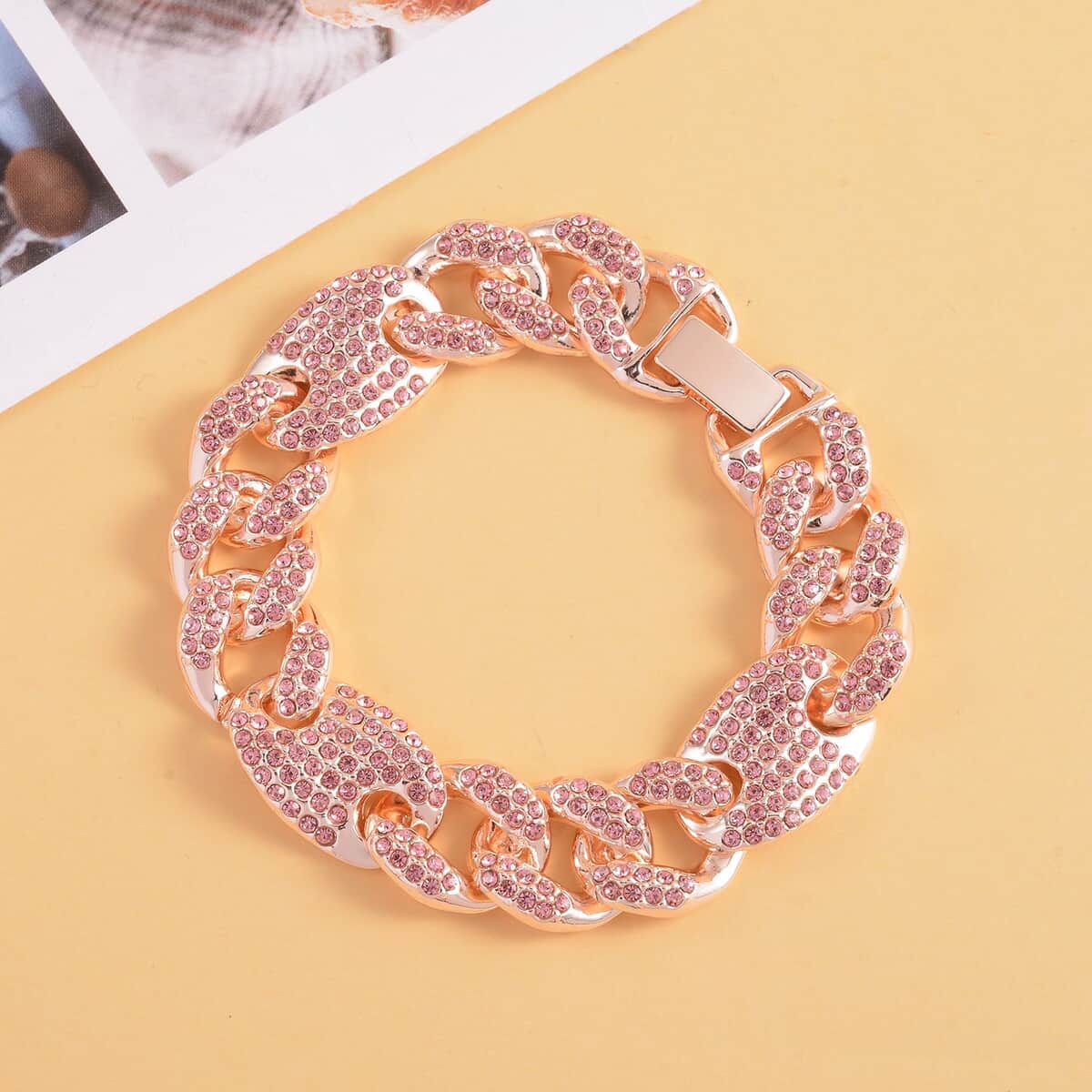 Pink Austrian Crystal Link Bracelet in Rosetone (6.50 In) image number 1