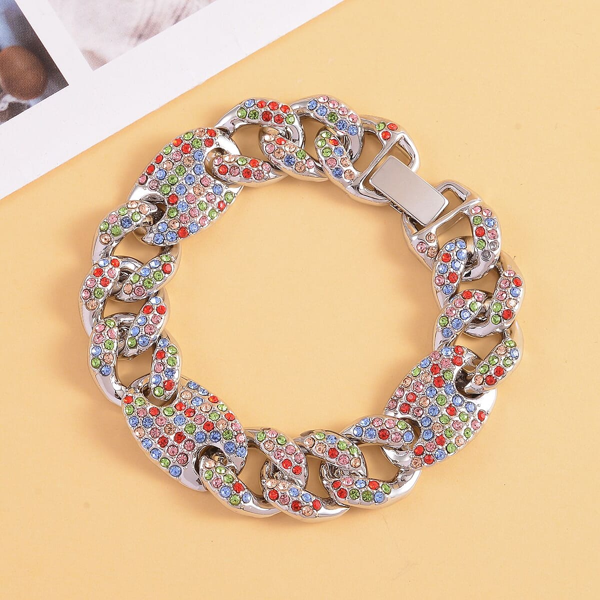 Multi Color Austrian Crystal Link Bracelet in Silvertone (8.00 In) image number 1