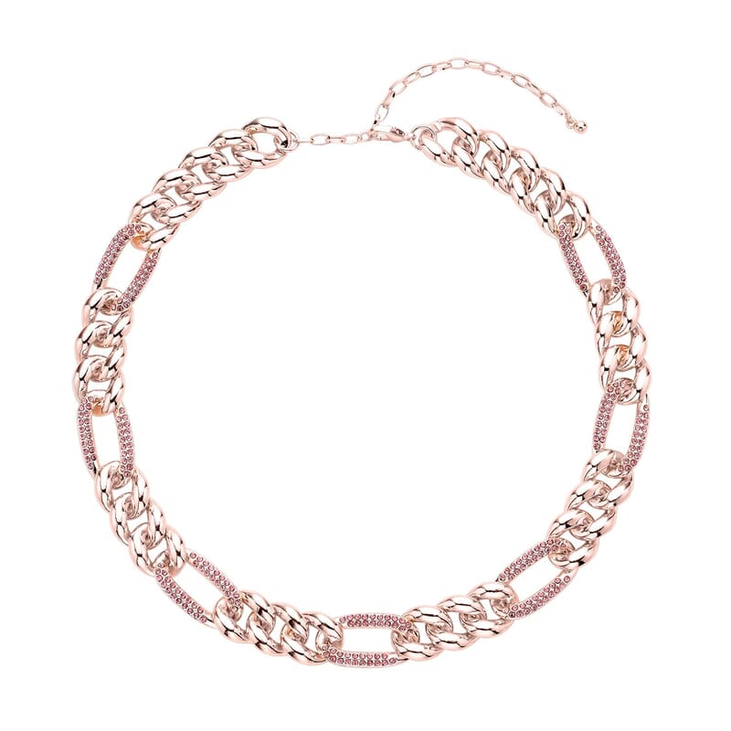 Pink Austrian Crystal Figaro Link Necklace 18.5-22.50 Inches in Rosetone