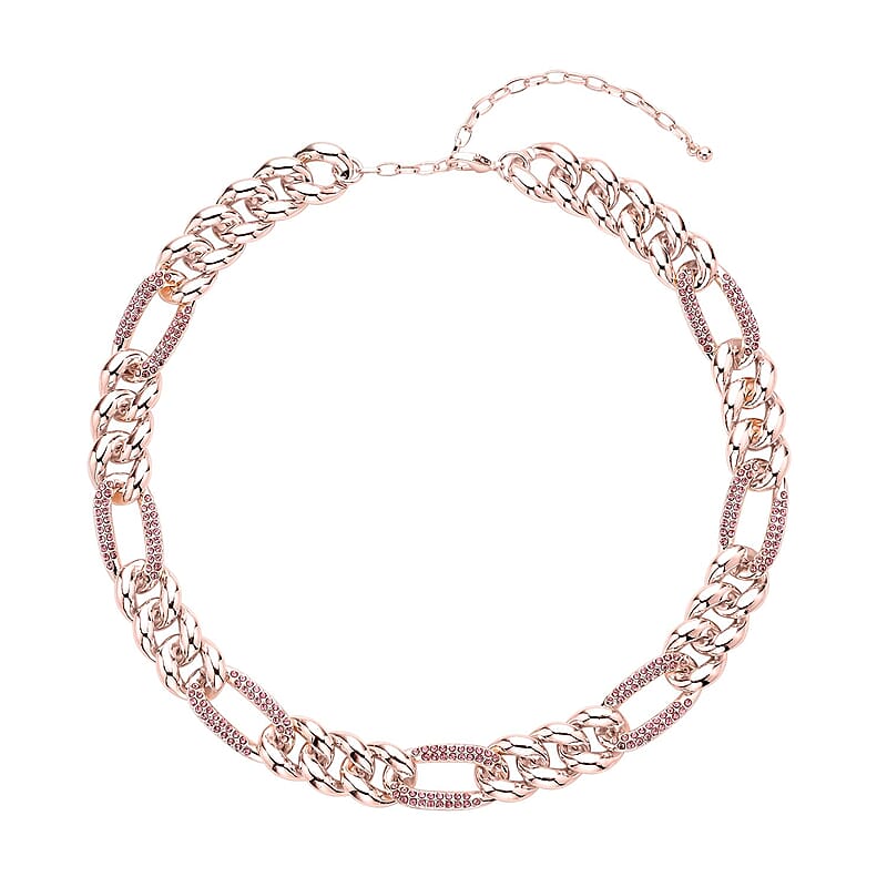 Pink Austrian Crystal Figaro Link Necklace 18.5-22.50 Inches in Rosetone