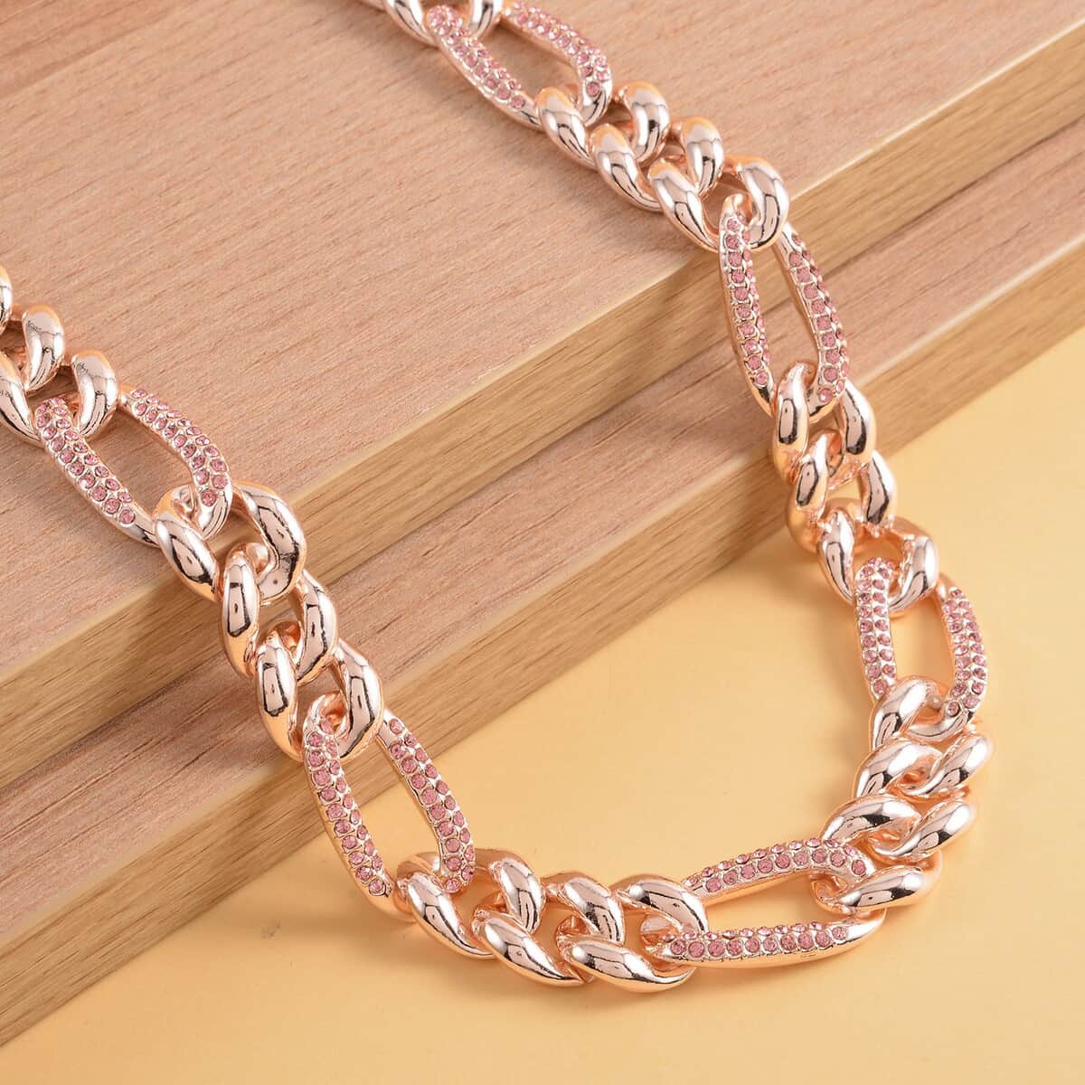 Pink Austrian Crystal Figaro Link Necklace (18.5-22.50 Inches) in Rosetone image number 1