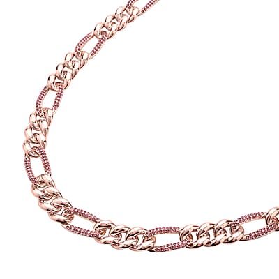 Pink Austrian Crystal Figaro Link Necklace 18.5-22.50 Inches in Rosetone